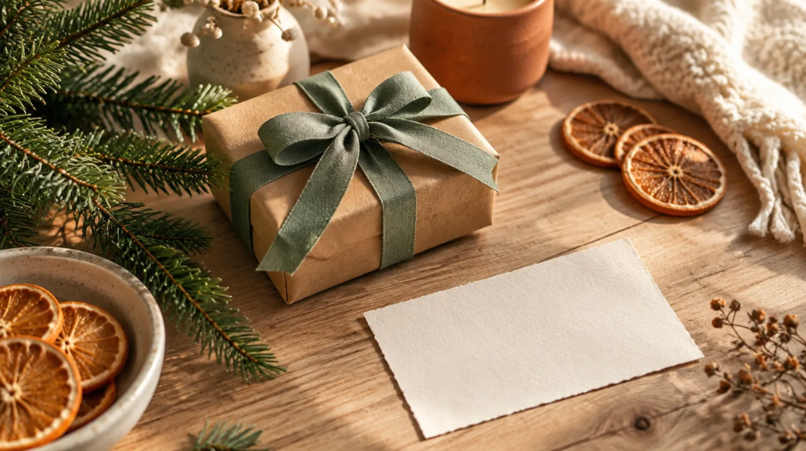 Un petit paquet emballé de papier kraft et noué d'un ruban vert sauge, posé sur une table en bois près d'une branche de sapin et d'une carte manuscrite.