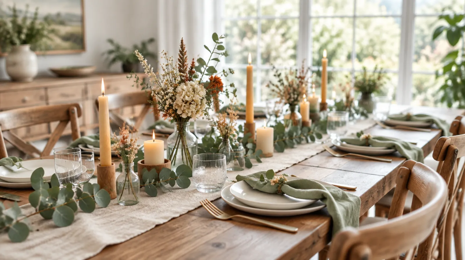 Table de fête décorée en vert sauge et crème, avec chemin de table en lin, eucalyptus, bougies et petits bouquets de fleurs séchées.