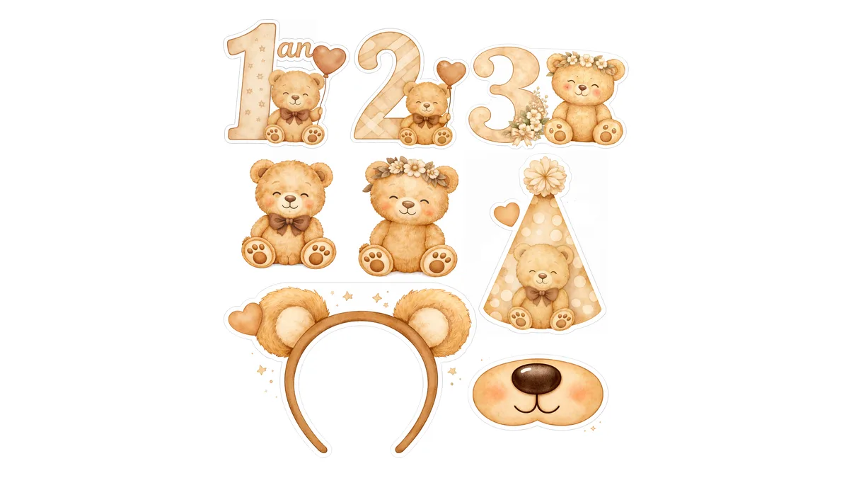 Kit de décoration gratuit à imprimer sur le thème de l'ourson : cake toppers, oursons, chapeau de fête, serre-tête et masque pour le photobooth, dans des tons beige et caramel.