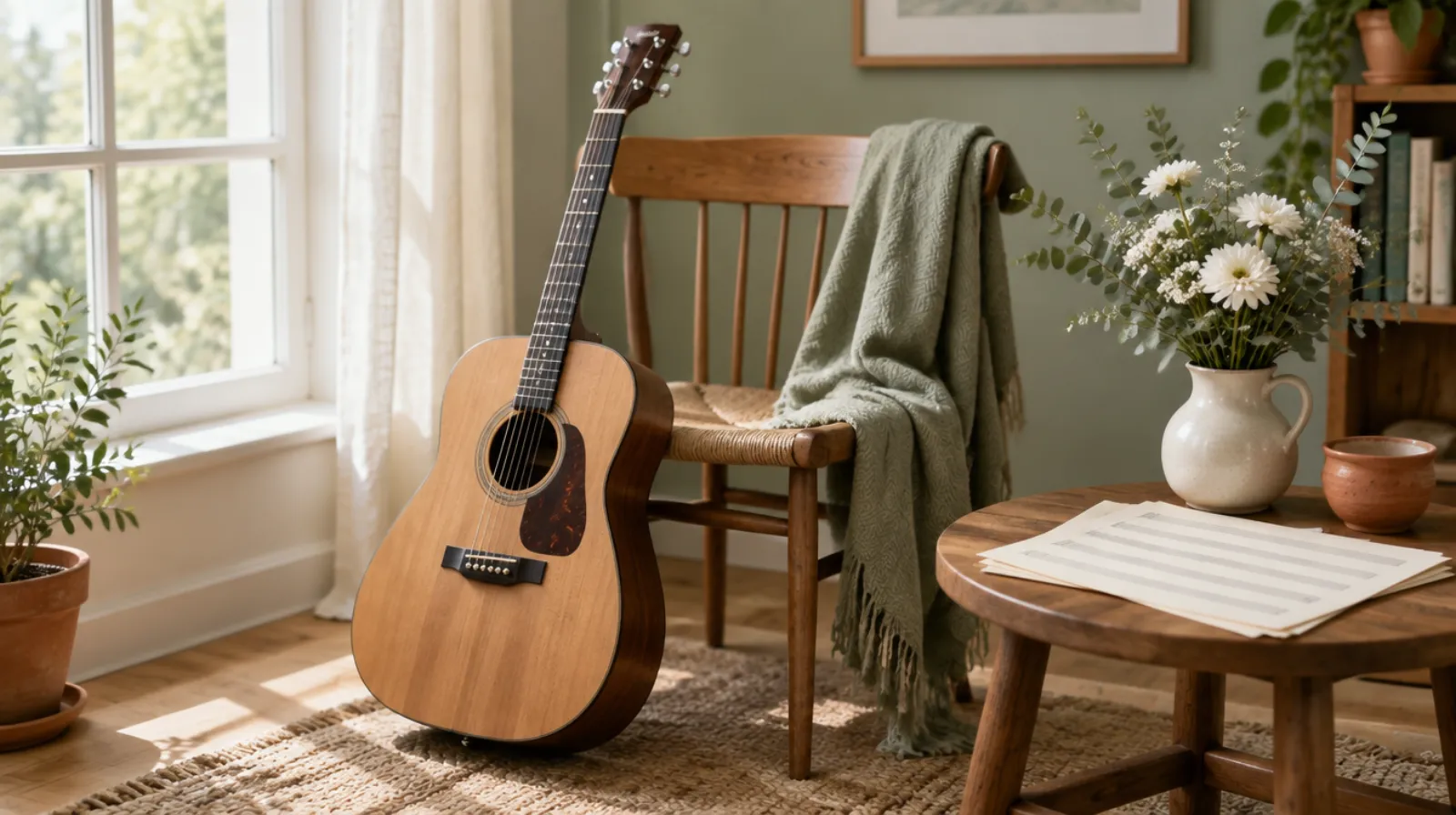 Guitare acoustique posée contre une chaise en bois près d'une fenêtre, à côté d'un petit bouquet de fleurs blanches et de partitions.