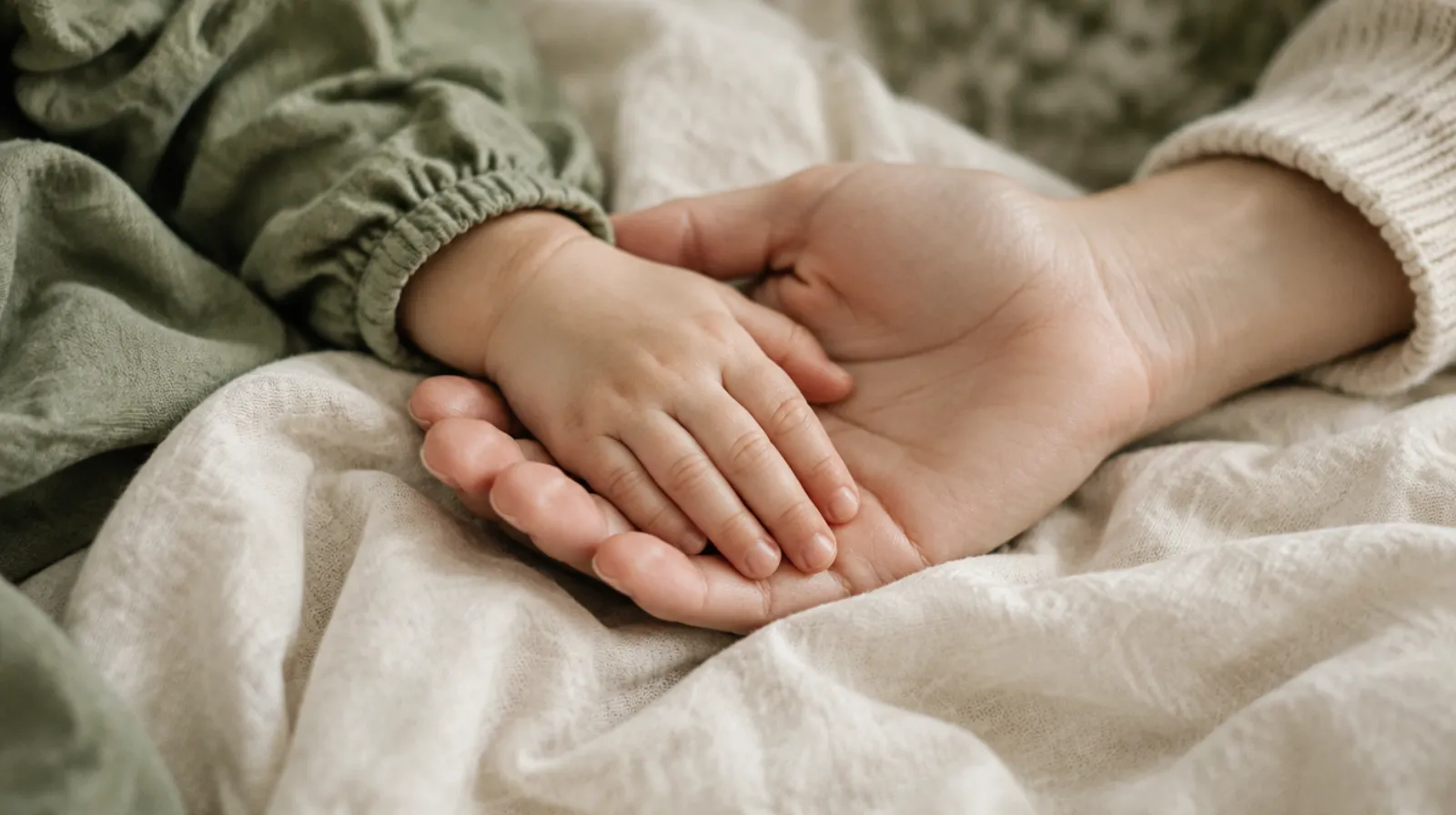 Une petite main d'enfant posée dans la main d'un adulte, sur une couverture en lin clair, dans une lumière douce.