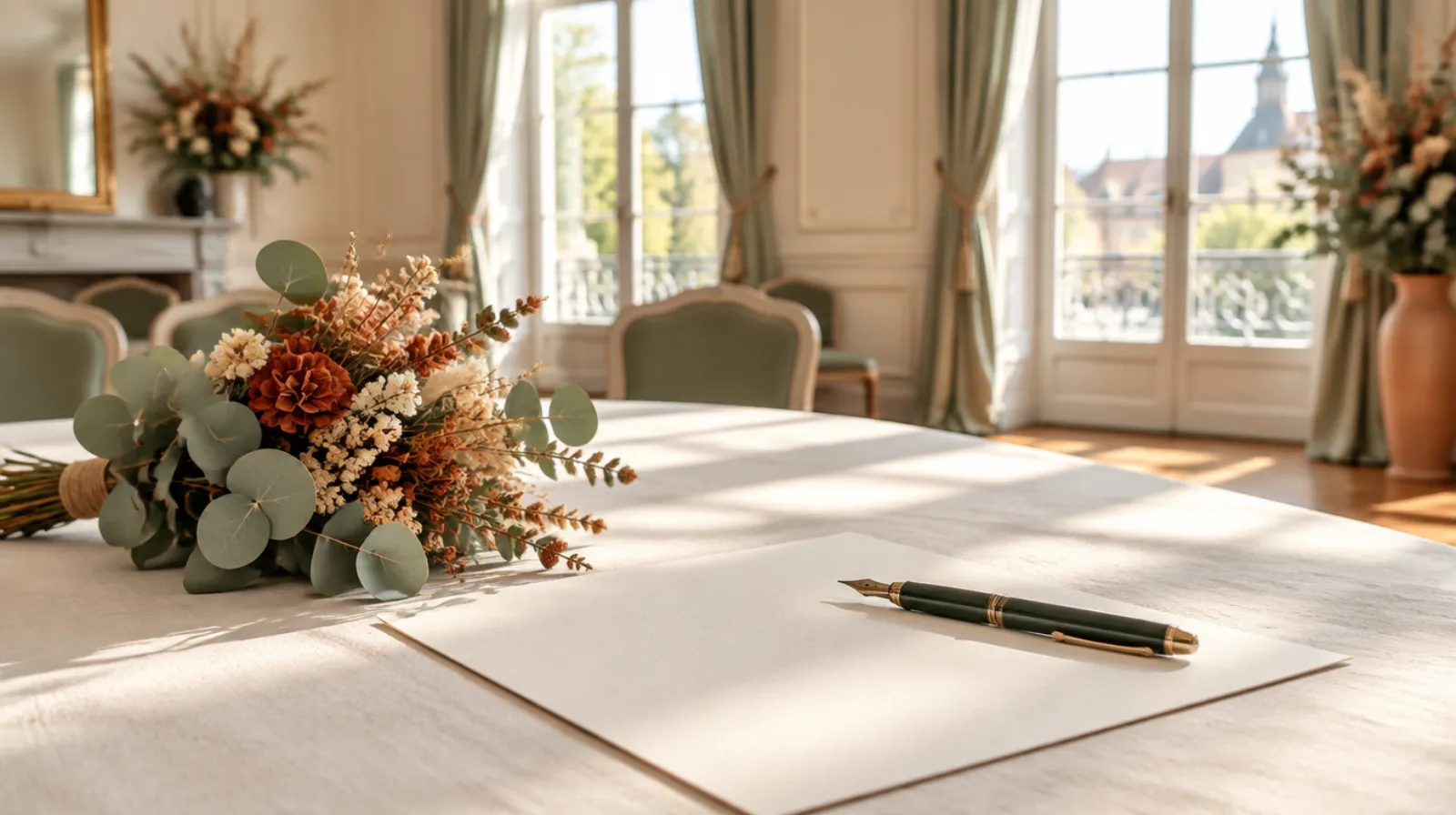 Table nappée de lin crème dans une salle de mairie, avec un stylo plume, une feuille vierge et un petit bouquet de feuillage vert sauge.