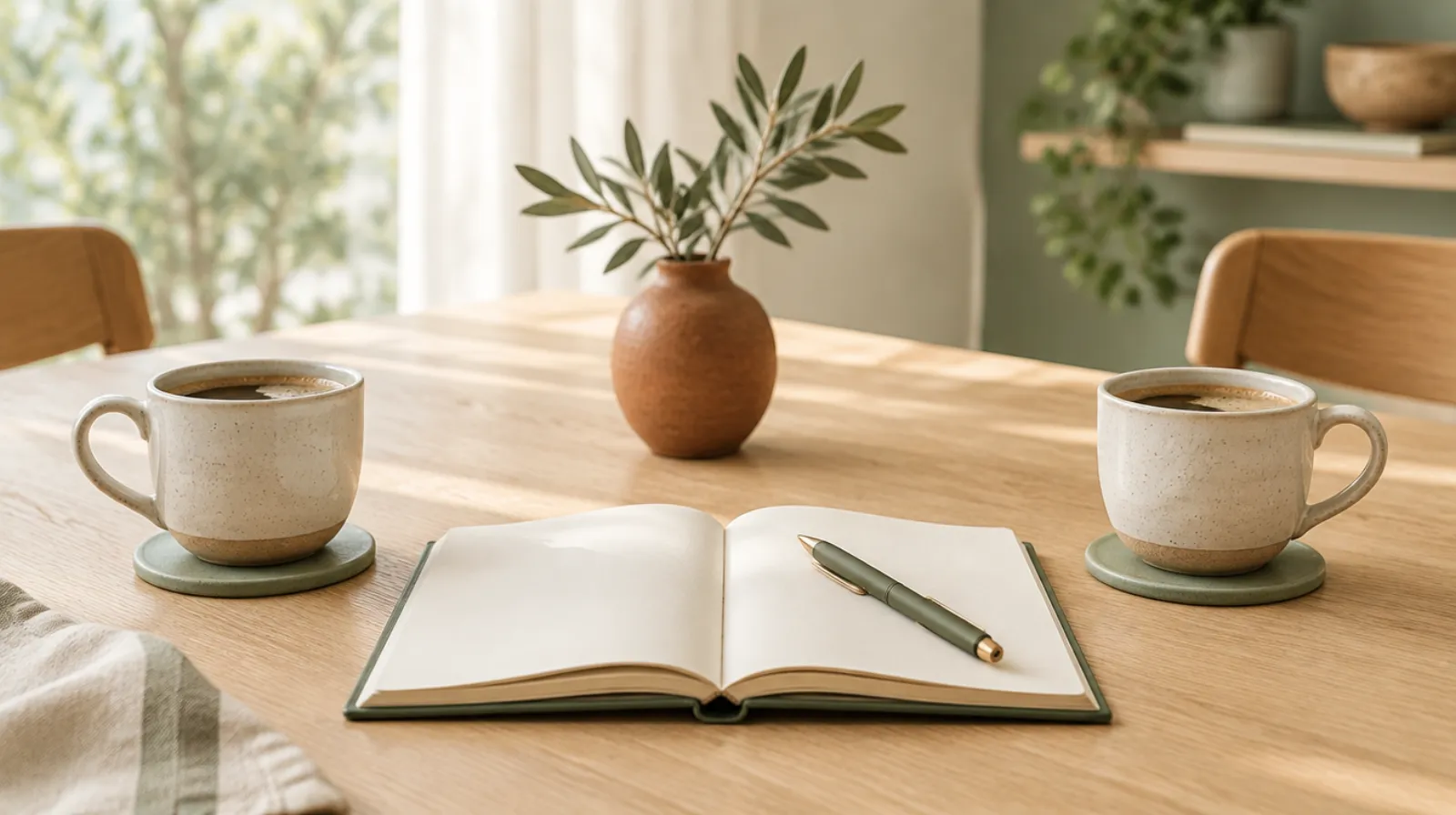 Deux tasses de café posées sur une table en bois clair, à côté d'un carnet ouvert et d'un stylo, dans une lumière douce.