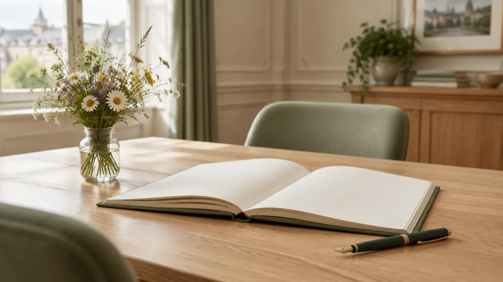 Un registre ouvert et un stylo plume posés sur une table en bois clair, à côté d'un petit bouquet de fleurs des champs.