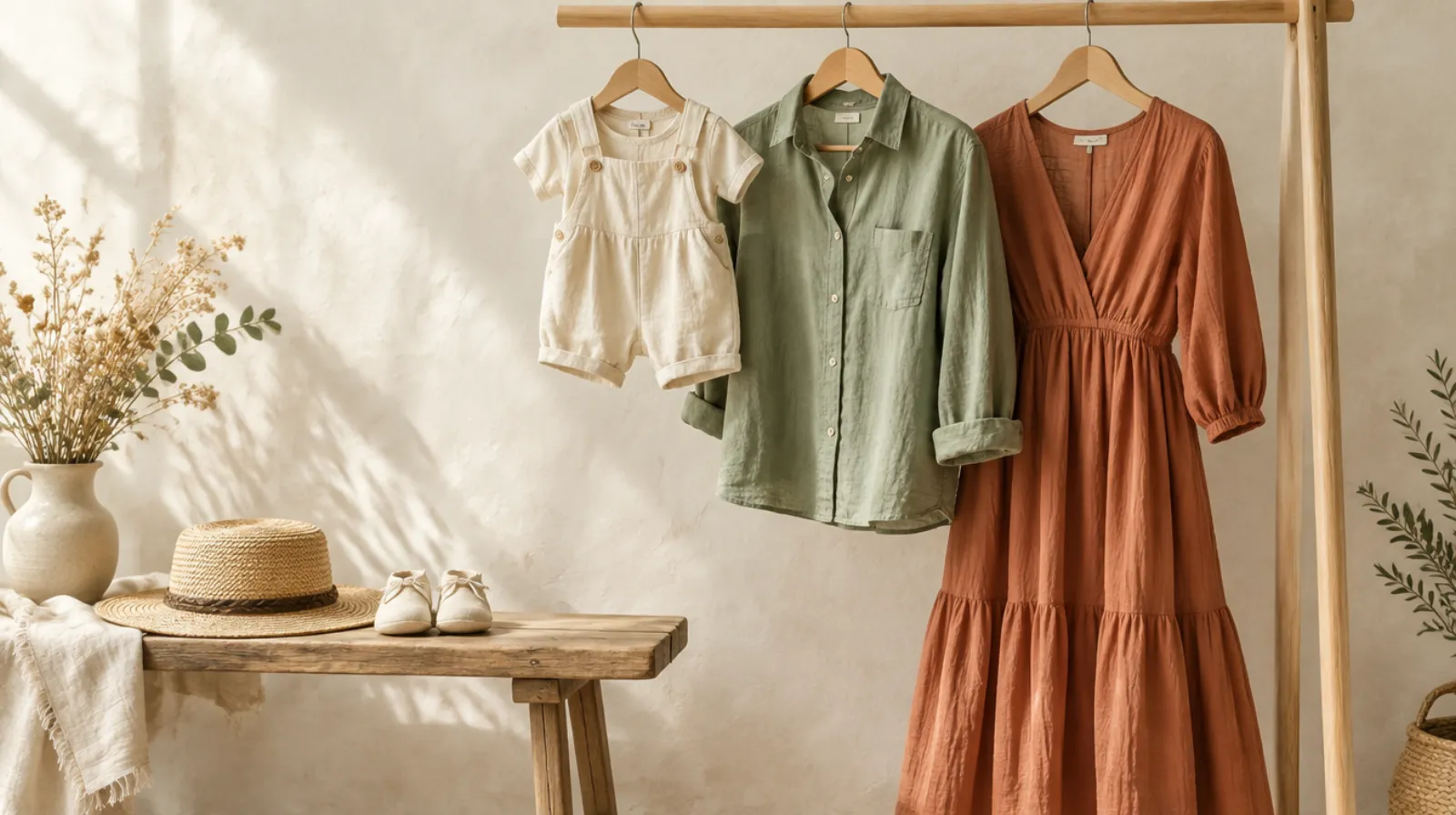 Une petite tenue d'enfant en lin crème suspendue à un cintre en bois, à côté d'une chemise vert sauge et d'une robe fluide terracotta, devant un mur clair.
