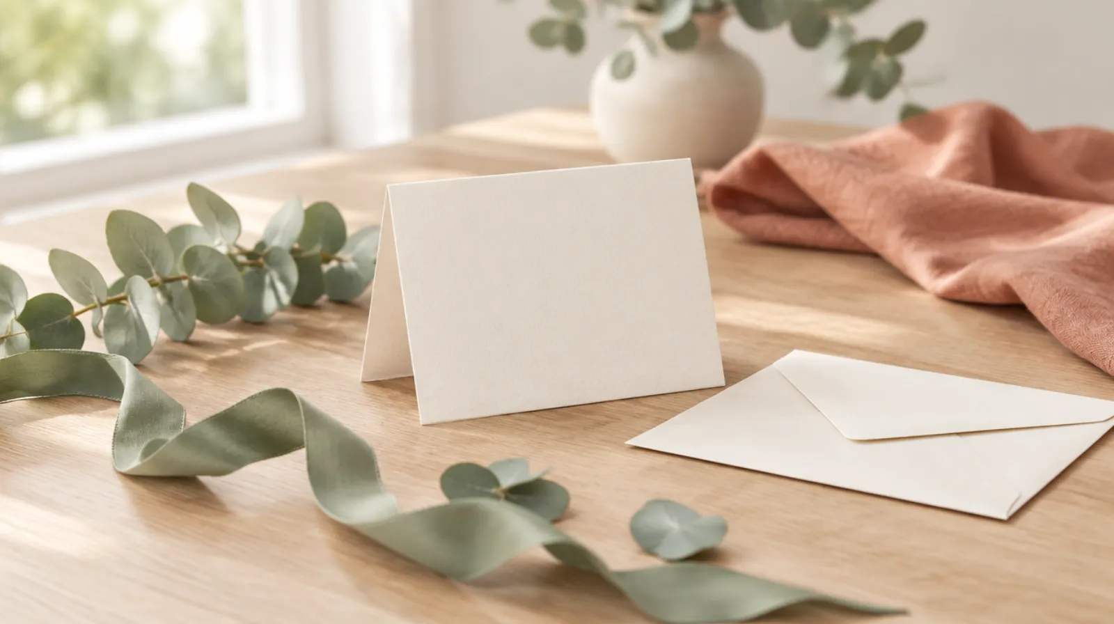 Une petite carte blanche posée sur une table en bois clair, à côté d'une enveloppe crème, de brins d'eucalyptus et d'un ruban vert sauge.