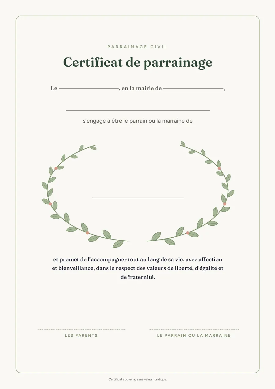 Certificat de parrainage civil vierge, modèle Botanique : couronne de feuillage vert, lignes à compléter