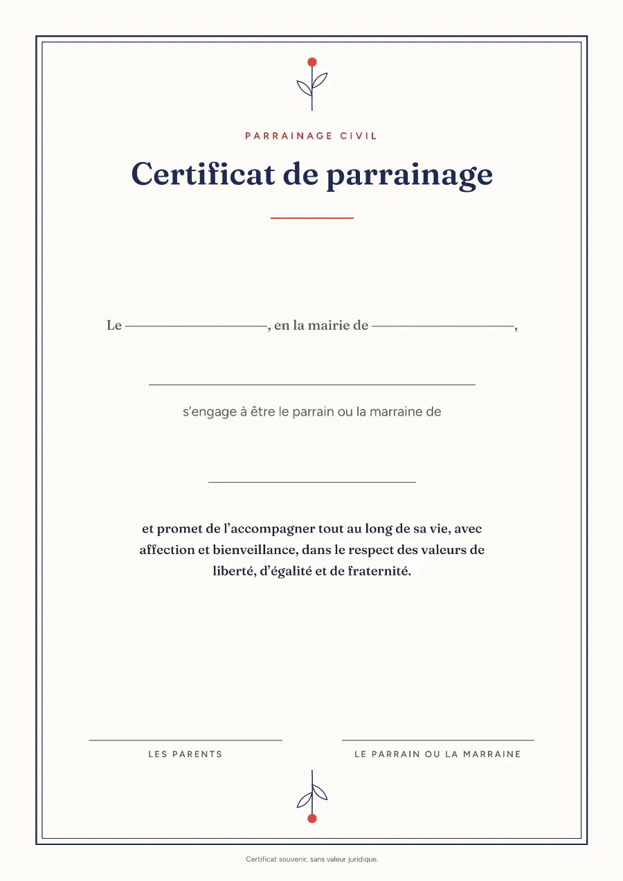 Certificat de parrainage civil vierge, modèle Sobre : cadre bleu marine, brin de fleur rouge, lignes à compléter